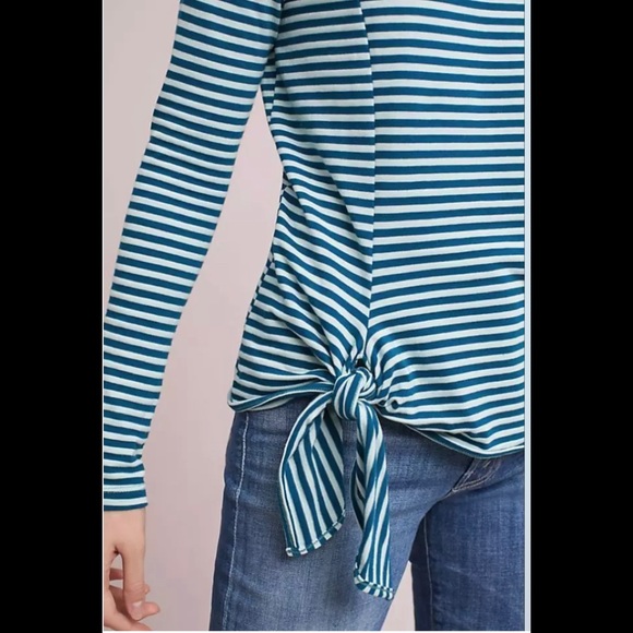 Anthropologie T.la Teal Striped Tie Front Long Sleeve Knit Top - Picture 3 of 5